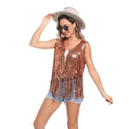 Sequin Fringe Open-Front Vest | Festival & Western | Gold, Silver & Black | S–L