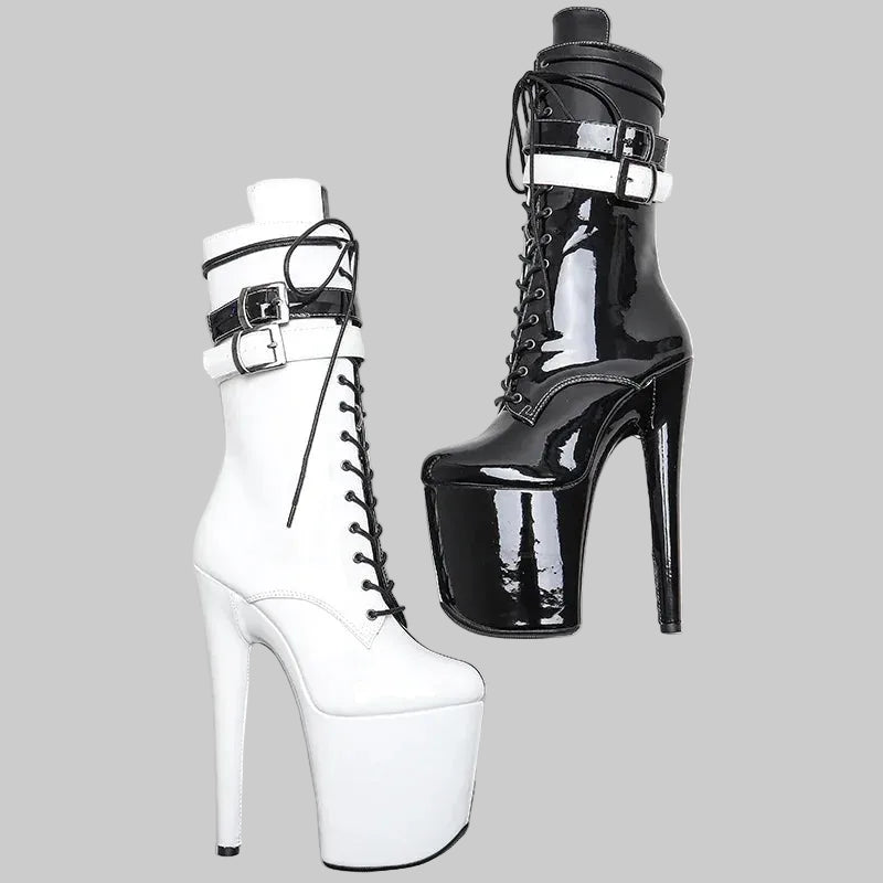 Platform Ankle Boots - 8-Inch Black & White Lace-Up Heels for Pole Dance & Performance