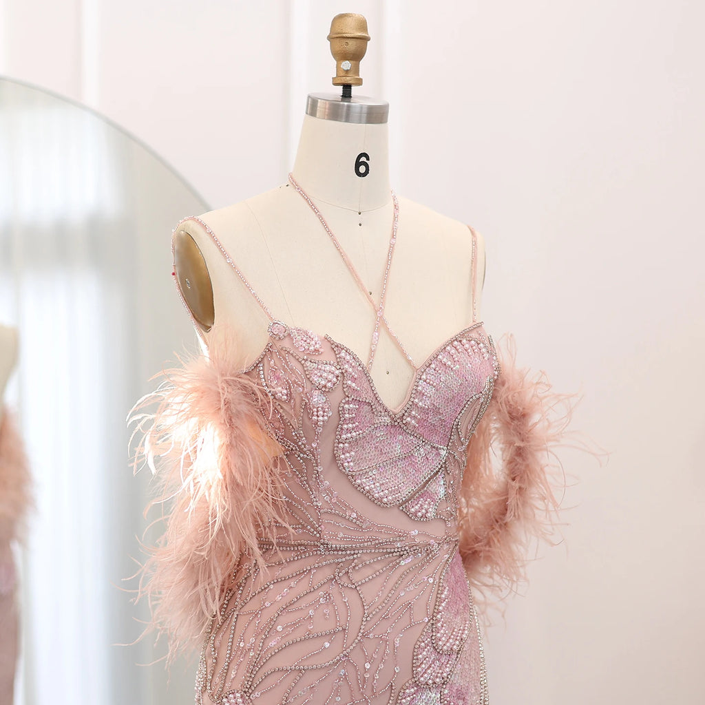 Feather Mermaid Pageant Gown | Beaded Tulle | Pink & Blue