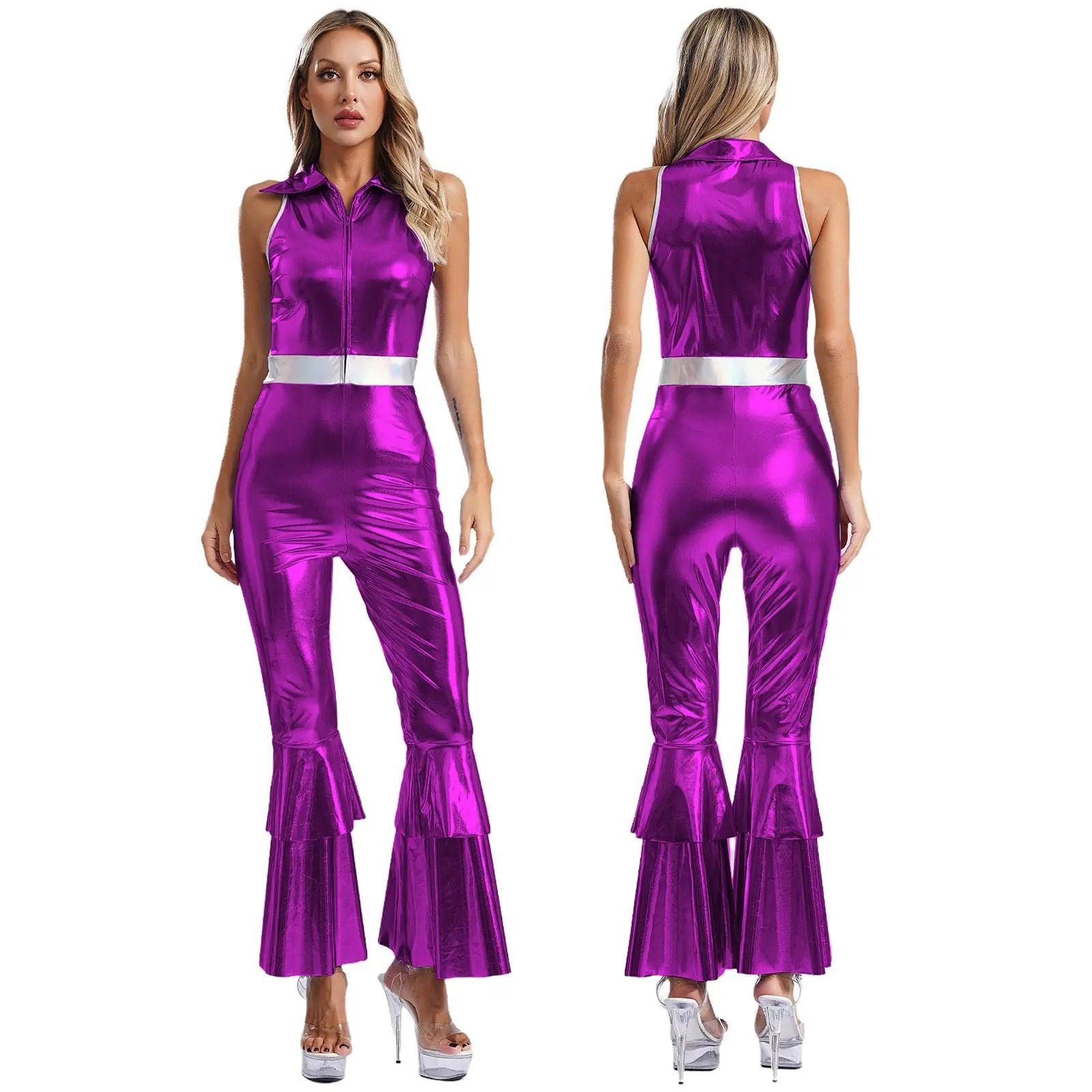 Women's Metallic Jumpsuit | Tiered Flare Sleeve | 70s Disco