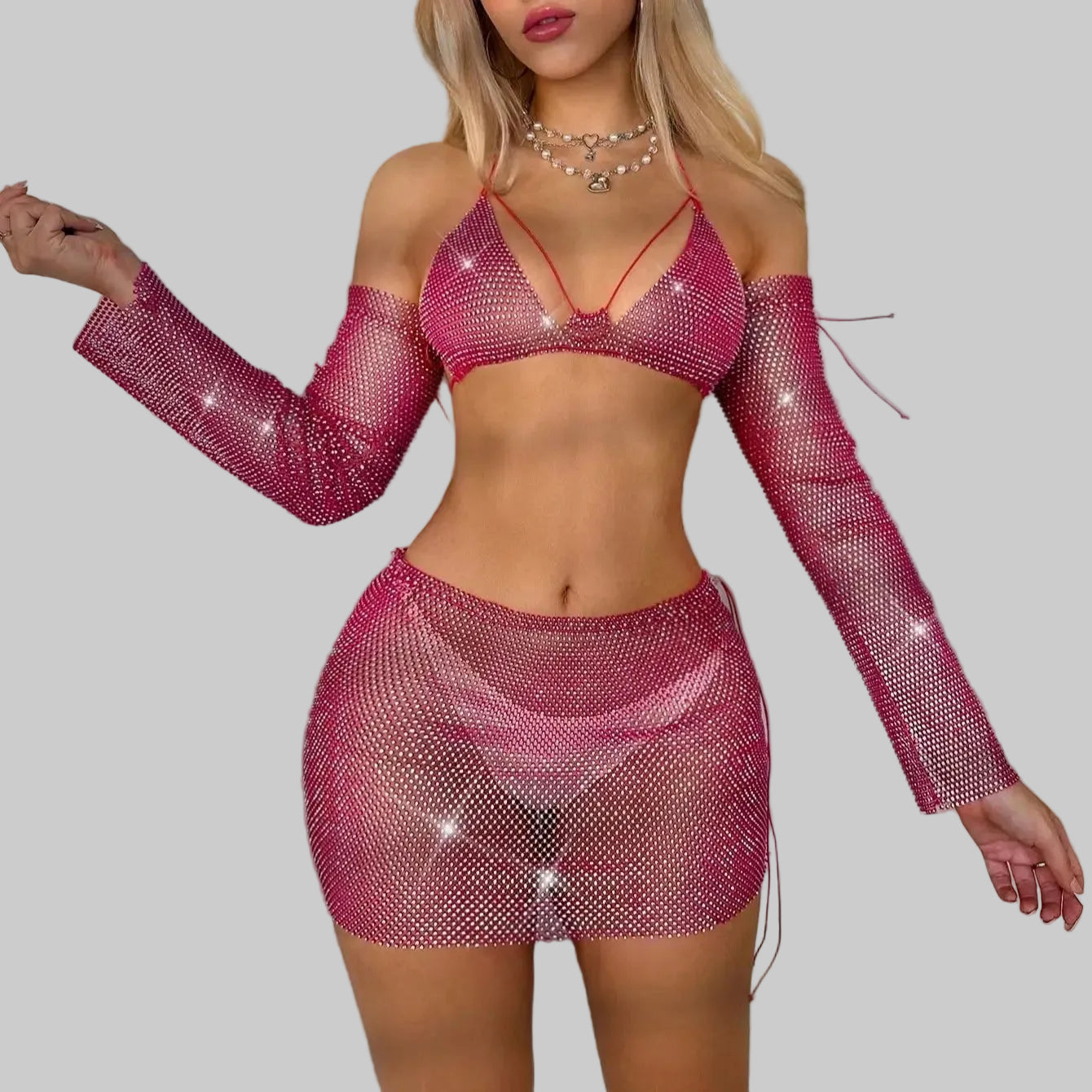 Rhinestone Mesh 3-Piece Set - Camisole, Mini Skirt & Oversleeve