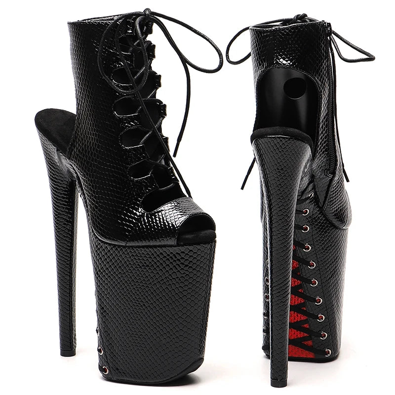 Snakeskin Open-Toe Platform Ankle Boots – 9-Inch Pole Dance Heels, Black