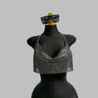 Rhinestone Metal Chain Halter Crop Top - Deep V-Neck Backless Tank for Stage & Festival