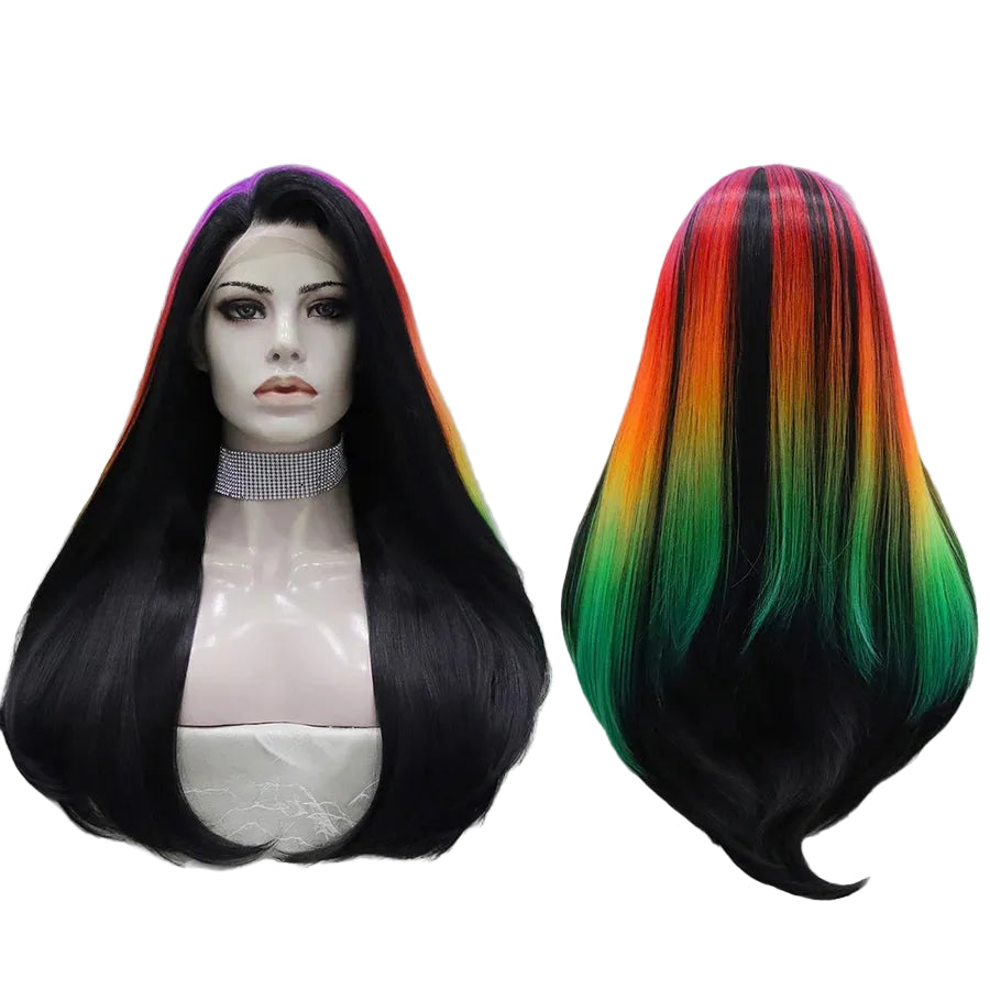 24" Jet Black Straight Lace Front Wig – Colorful Highlights