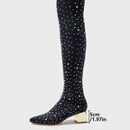 Rhinestone Stretch Sock OTK Boots | Block Heel | Pointed Toe