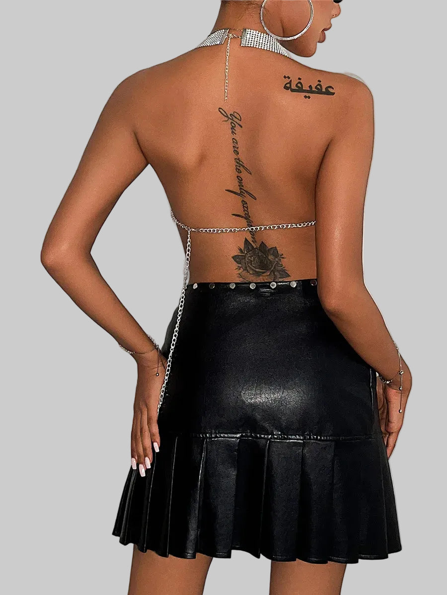 Rhinestone Deep V Halter Crop Top - Backless Tank