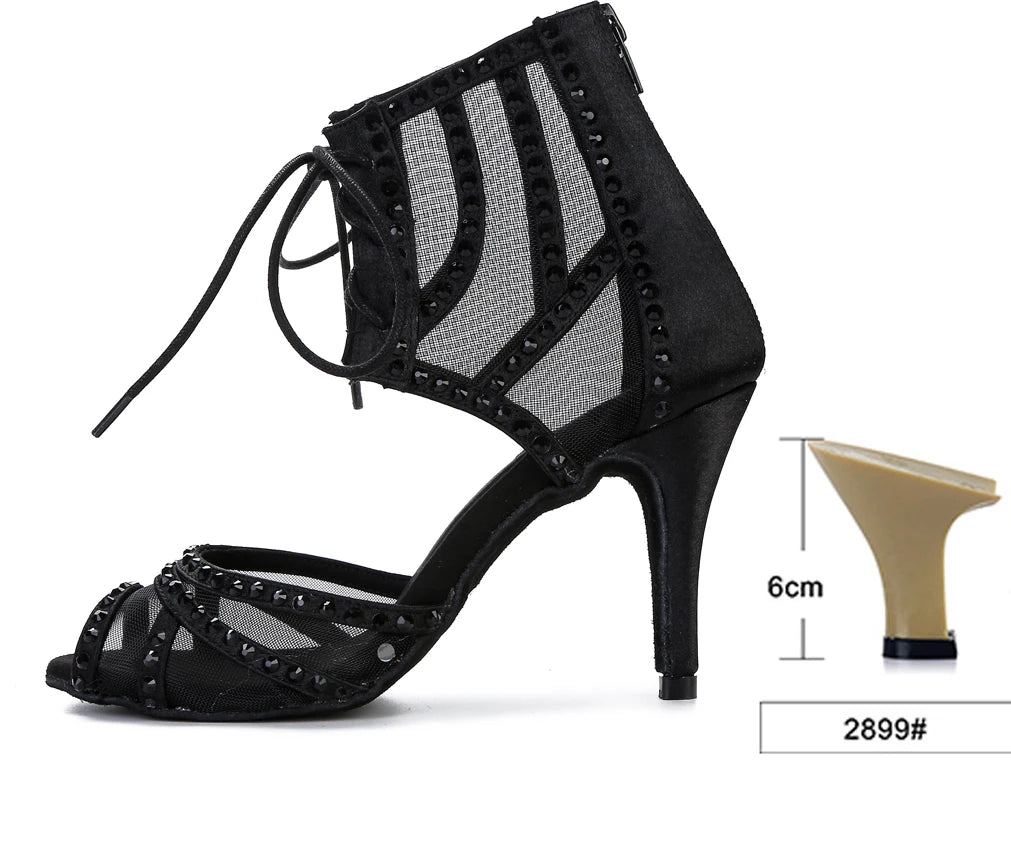 Women's Rhinestone Latin Dance Heels | Mesh & Satin | Stiletto