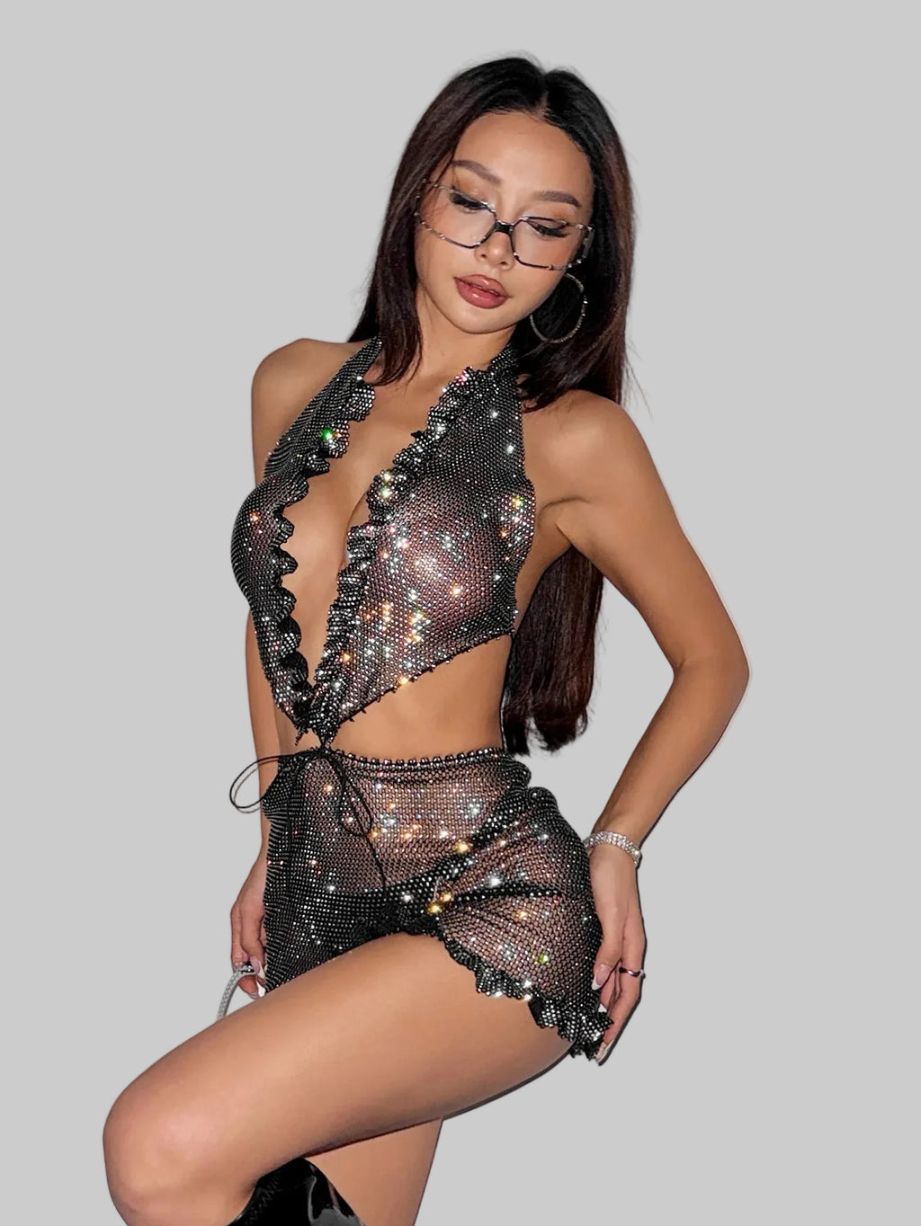 Rhinestone Mesh Halter Mini Dress - Sheer Ruffle Backless Party Dress