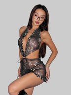 Rhinestone Mesh Halter Mini Dress - Sheer Ruffle Backless Party Dress