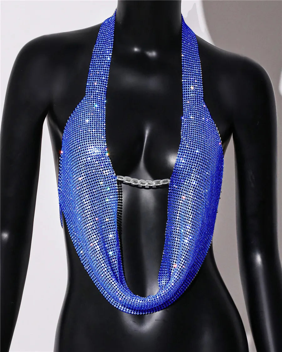 Rhinestone Chain Halter Crop Top - Metal Chain Strap Festival Top