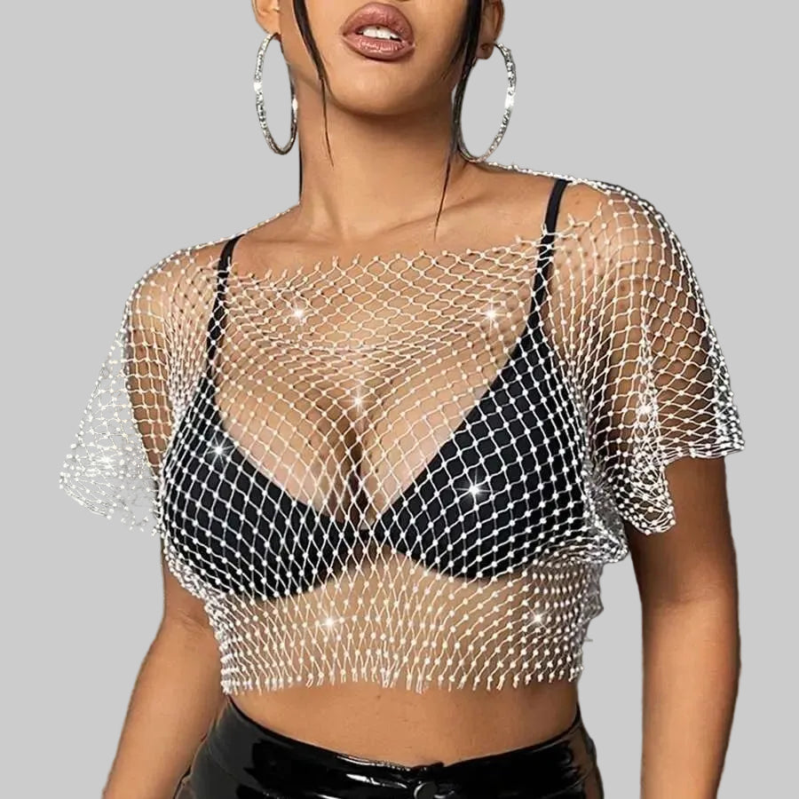 Rhinestone Fishnet Plaid T-Shirt - Sheer Bikini Cover-Up