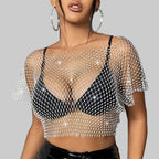 Rhinestone Fishnet Plaid T-Shirt - Sheer Bikini Cover-Up