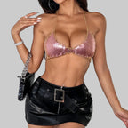 Sequin Halter Crop Top - Backless Metal Sequin Tank