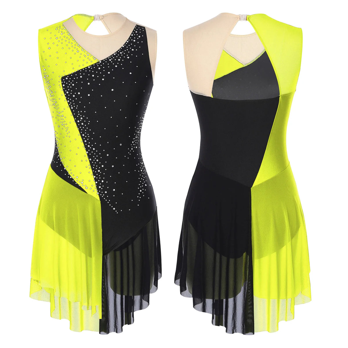 Skating Dress | Rhinestone Color-Block Mesh