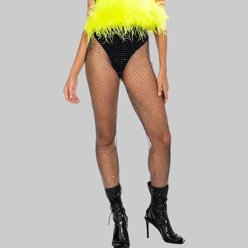 Rhinestone Fishnet Wide Leg Pants - Sheer Mesh Trousers