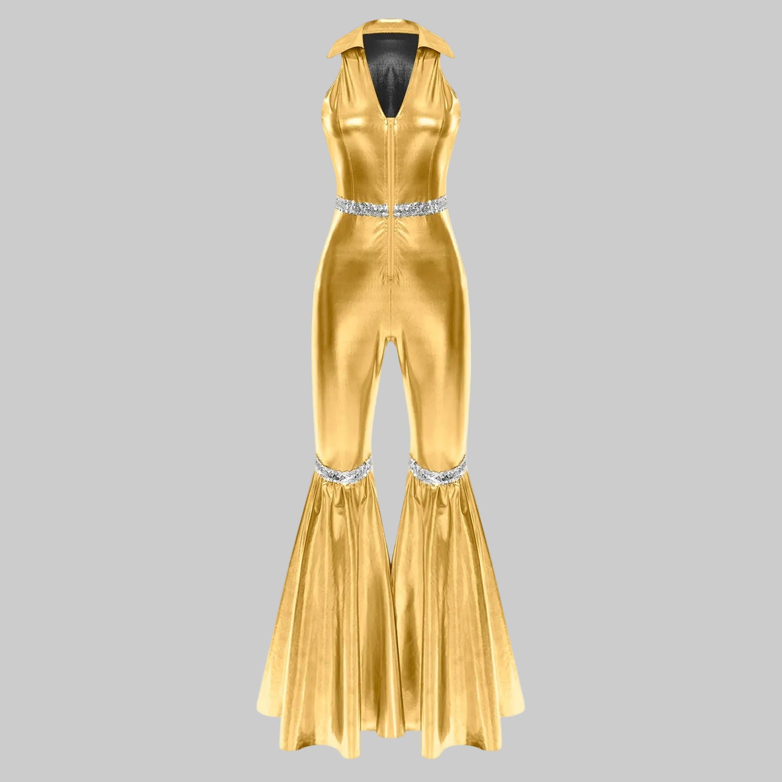 70s Disco Sequin Jumpsuit - Retro Bell Bottom Performance Romper