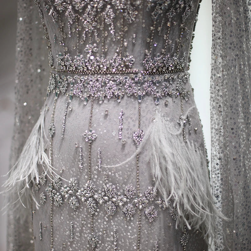 Crystal Mermaid Gown with Cape | Feather Trim | 3 Colors