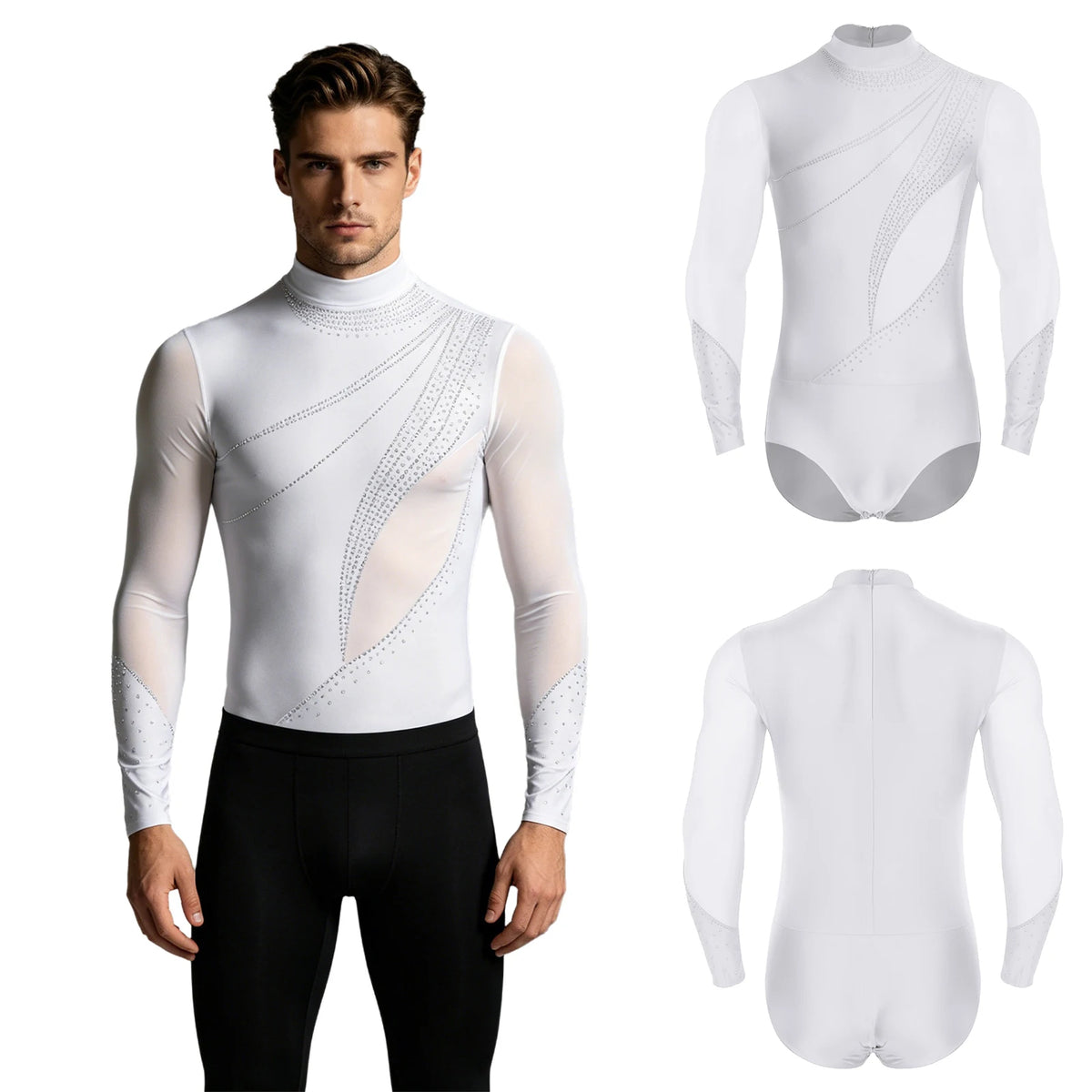 Men's Rhinestone Dance Leotard | Deep V-Neck & Velvet Mesh Patchwork | Long Sleeve