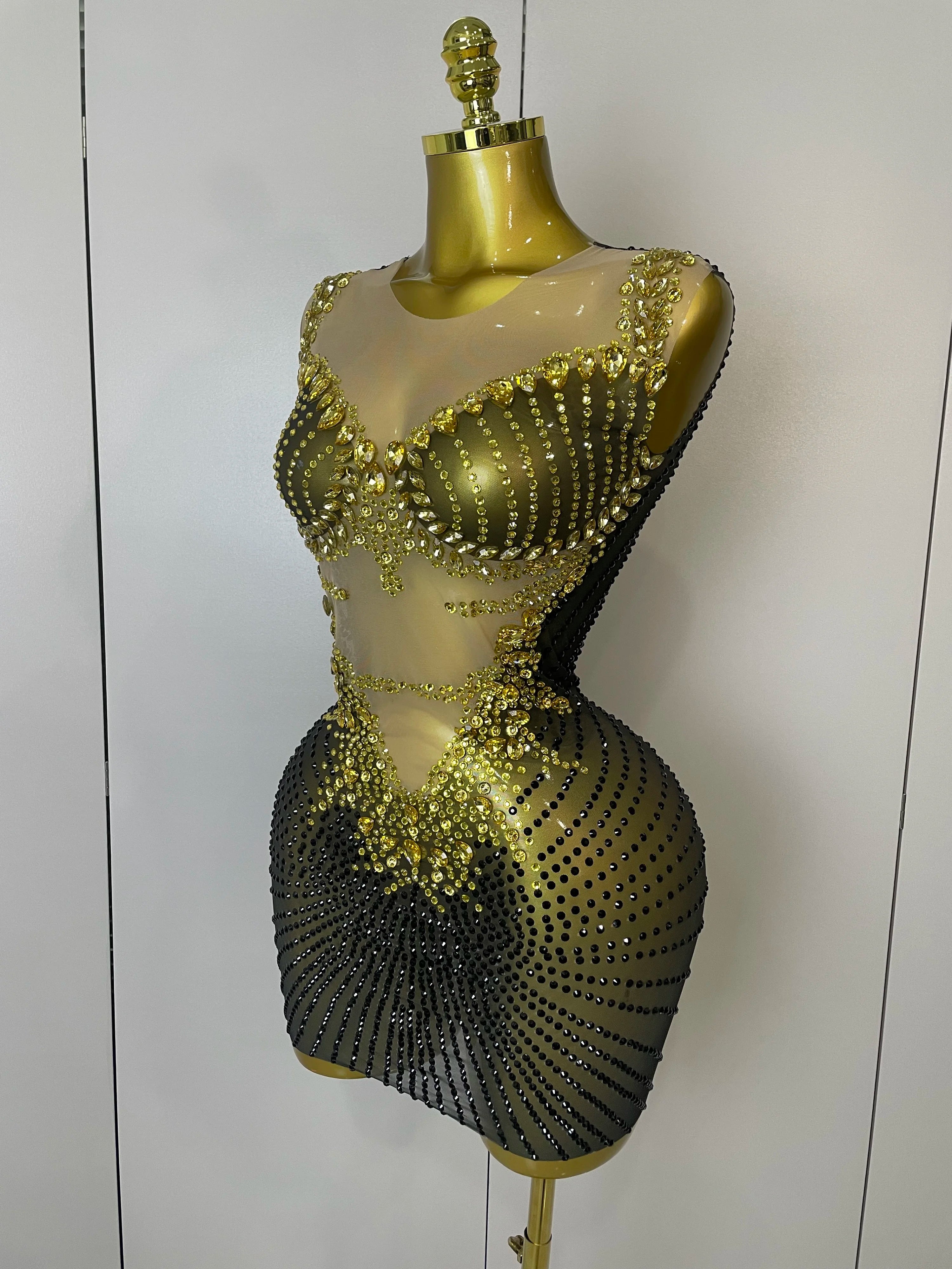 Gold Rhinestone Mesh Mini Dress | Fringe Skirt | Stage & Club