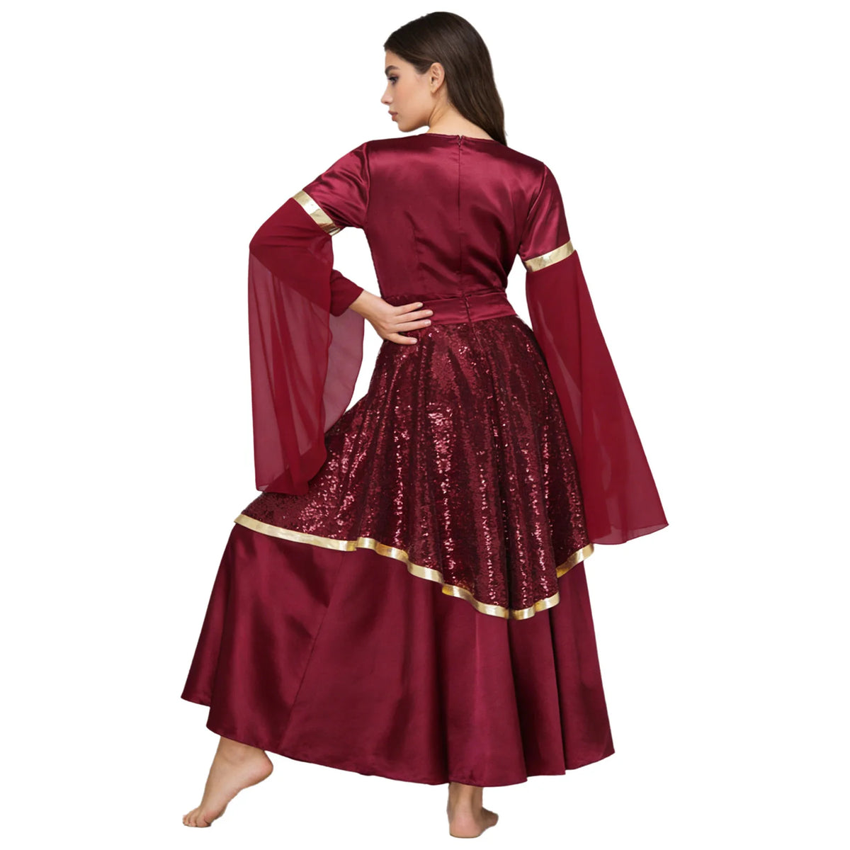 Liturgical Praise Dance Dress & Sequin Skirt Set | Bell Sleeve Overlay | Church Worship