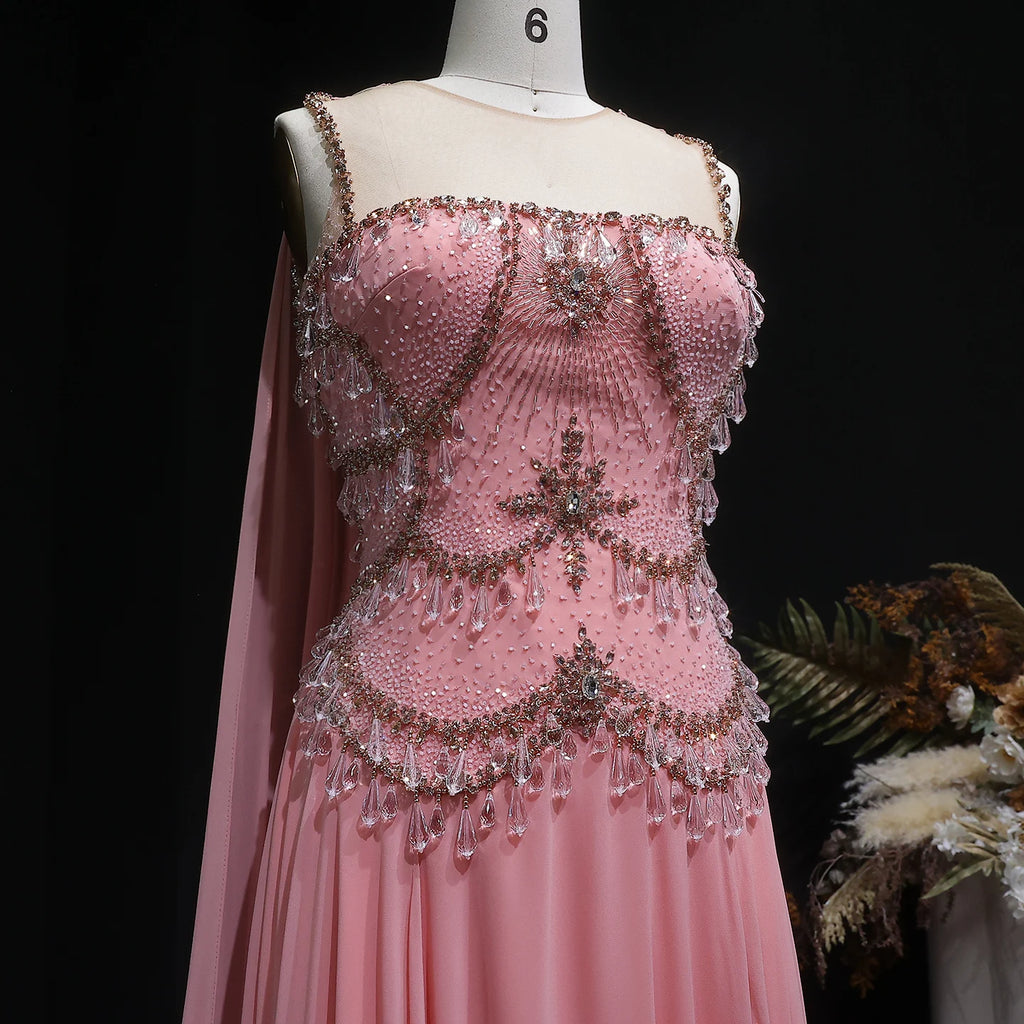 Crystal Beaded Cape Gown | A-Line | Floor-Length