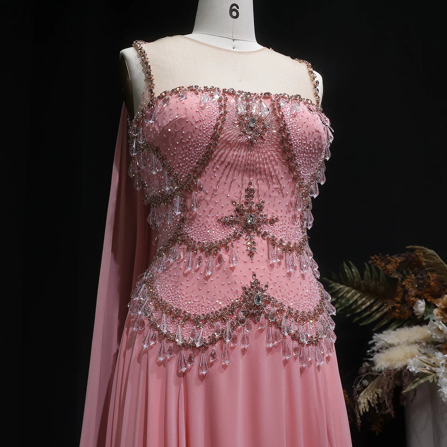 Crystal Beaded Cape Gown | A-Line | Floor-Length