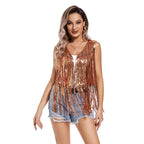 Sequin Fringe Open-Front Vest | Festival & Western | Gold, Silver & Black | S–L