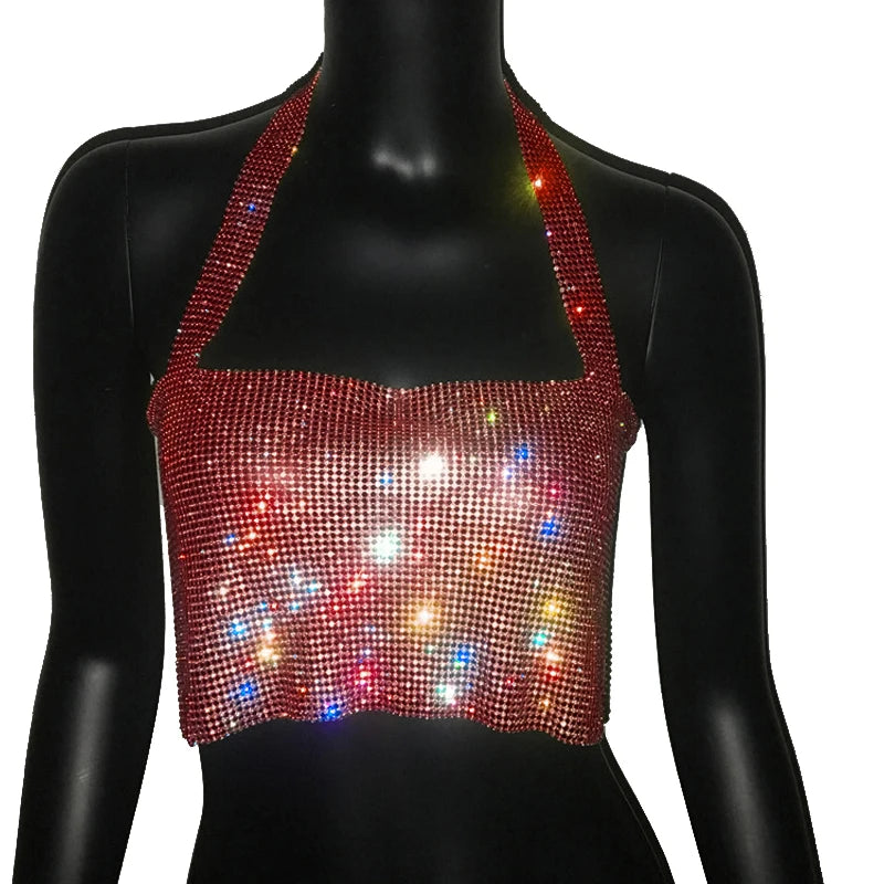 Crystal Rhinestone Metal Chain Halter Crop Top - Backless Tank