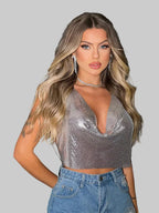 Metallic Sequin Halter Crop Top - V-Neck Backless