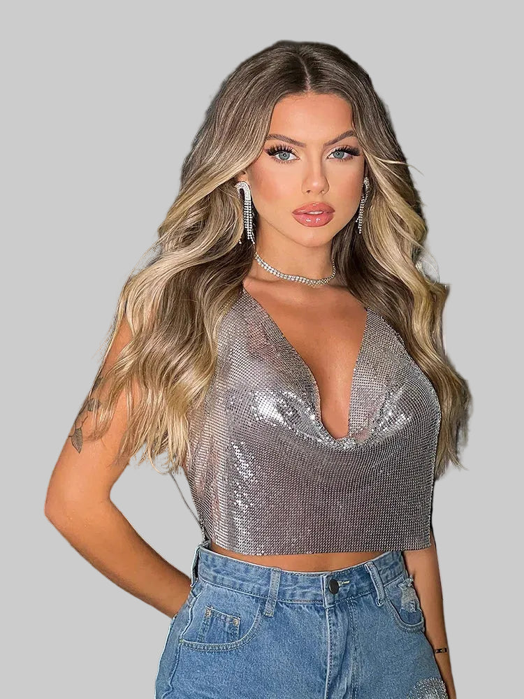 Metallic Sequin Halter Crop Top - V-Neck Backless