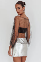Rhinestone Fishnet Mesh Crop Top - Long Sleeve See-Through Top