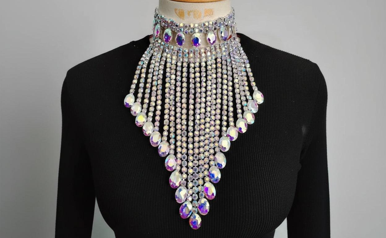 Rhinestone Tassel Necklace - AB Crystal Water Drop Statement Choker