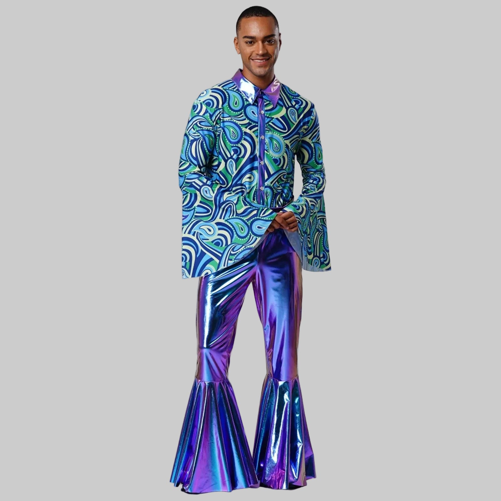 Men's Metallic Disco Jumpsuit - 70s Bell Bottom Performance Costume with Flared Sleeves