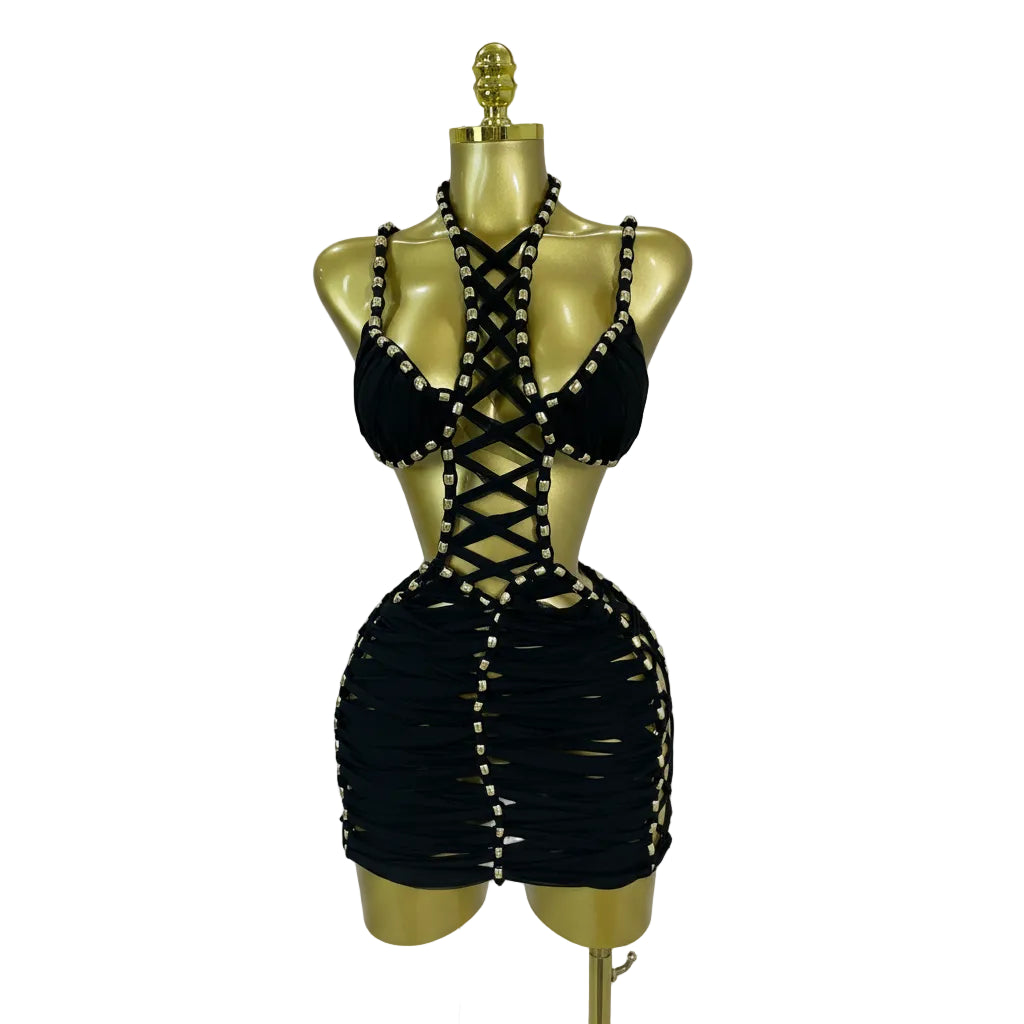 Lace-Up Corset Two-Piece Set | Halter Bra & Mini Skirt | Stage