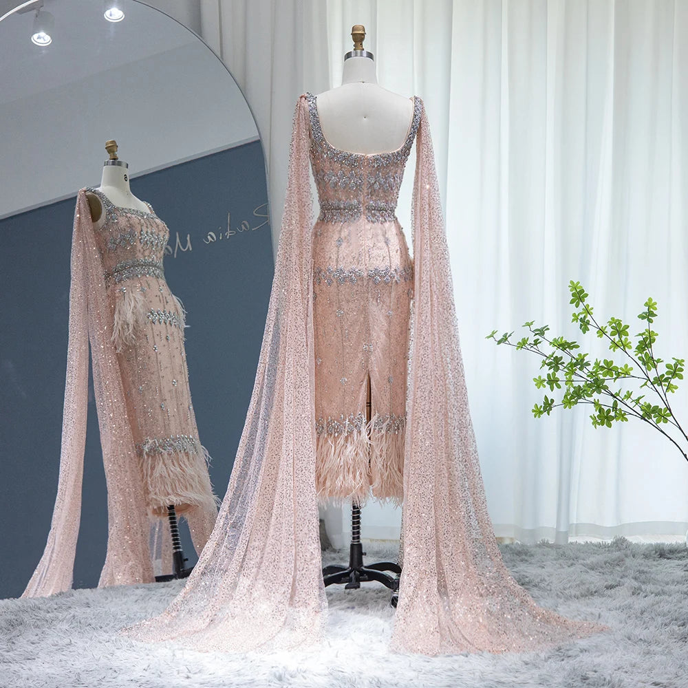 Crystal Mermaid Gown with Cape | Feather Trim | 3 Colors