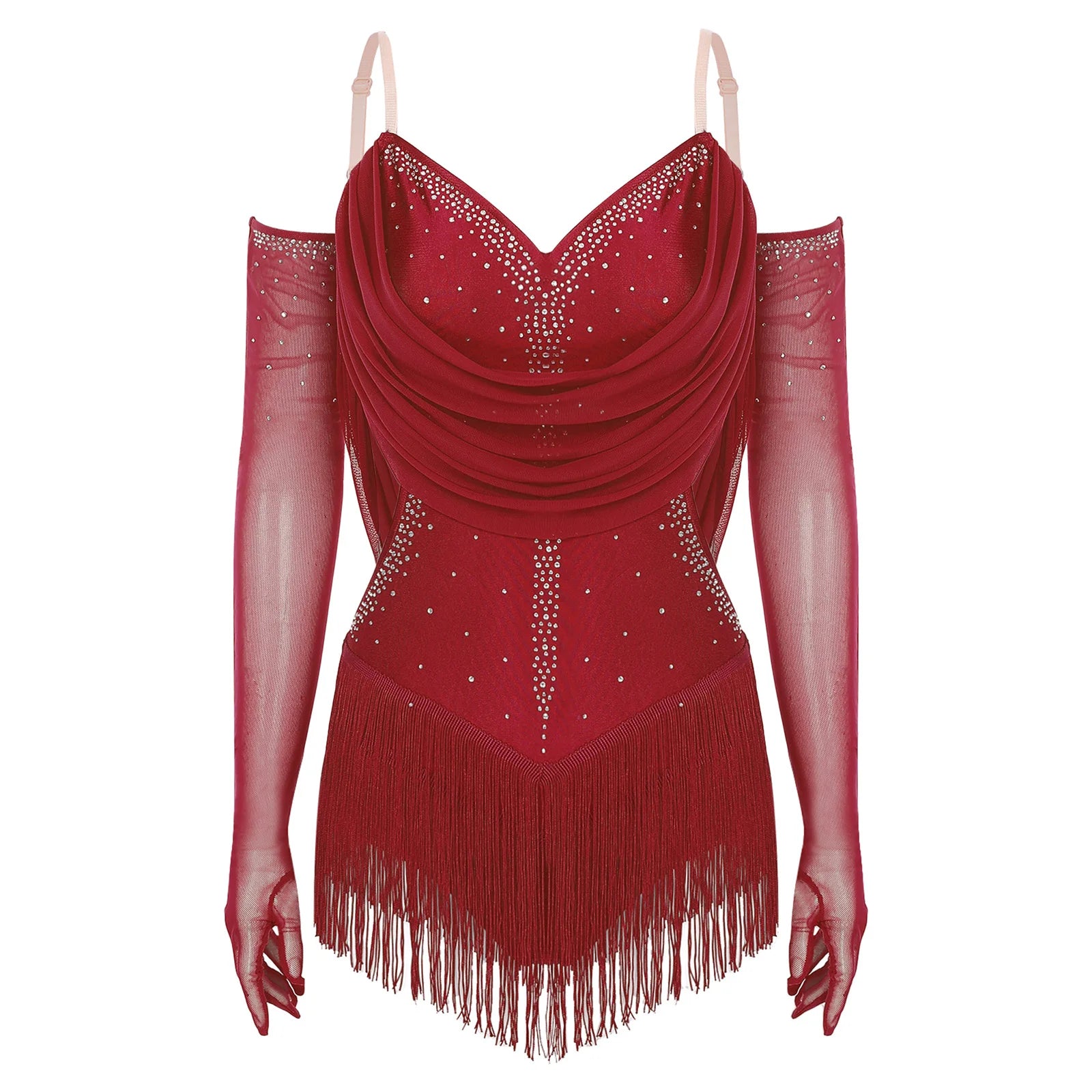 Women's Latin Dance Bodysuit | Fringe & Rhinestone | With Gloves
