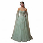 Elegant Off-Shoulder Gown | Crystal Beading | Cape Sleeves