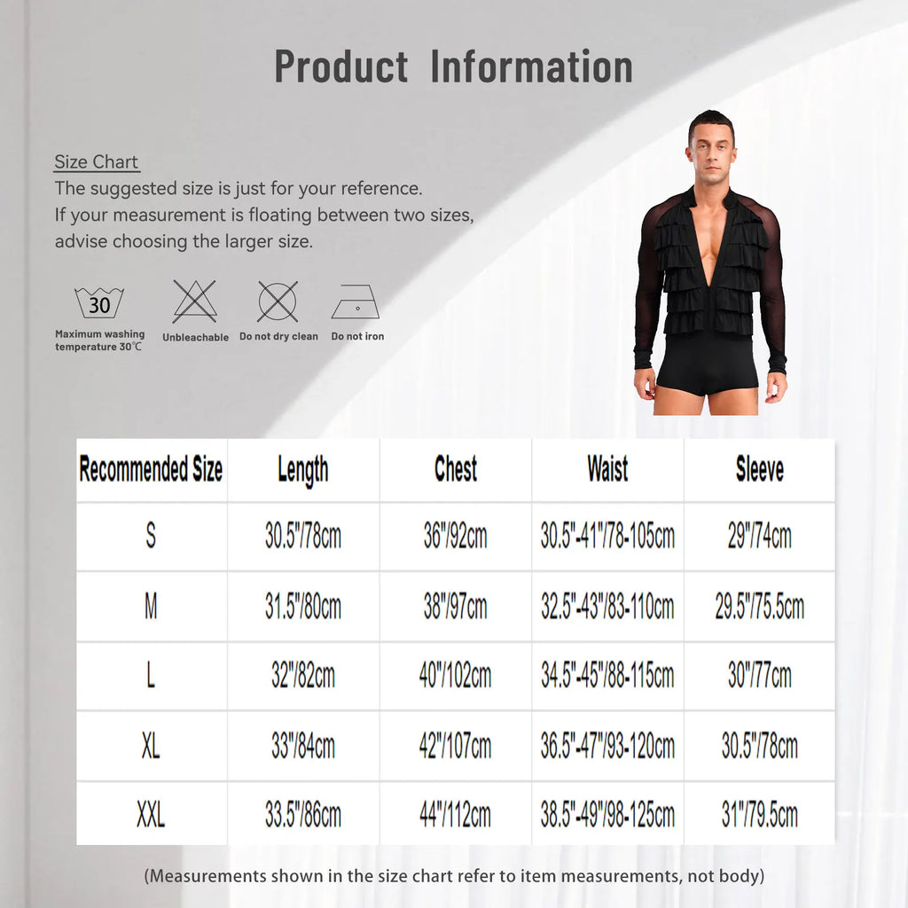 Men's Latin Dance Bodysuit | Mesh Sleeves | Ruffle V-Neck
