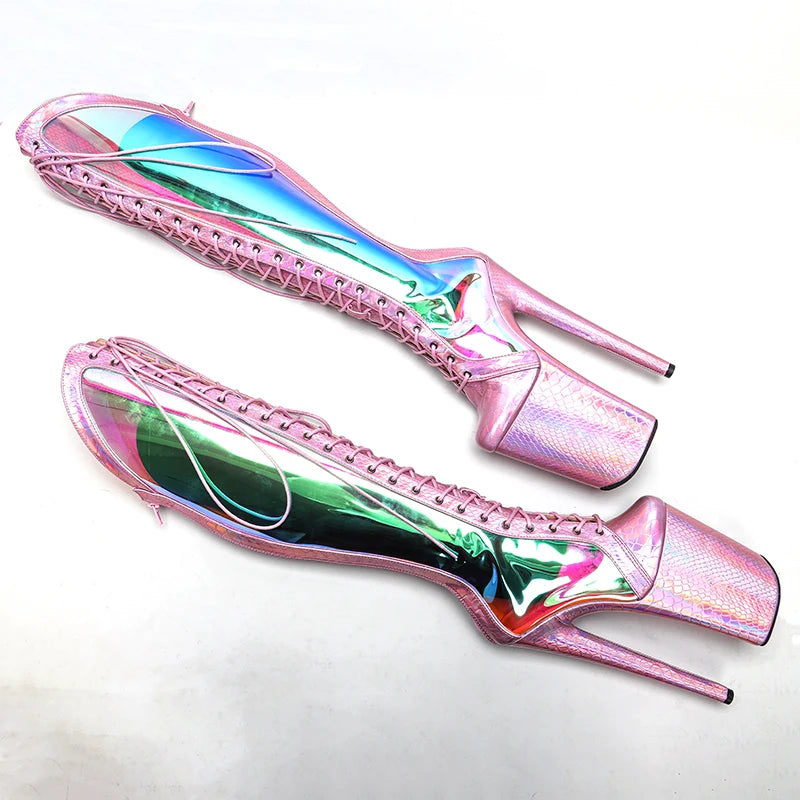 23CM Holographic Platform Pole Dance Boots - Ultra High Heel Snake Print Performance Boots