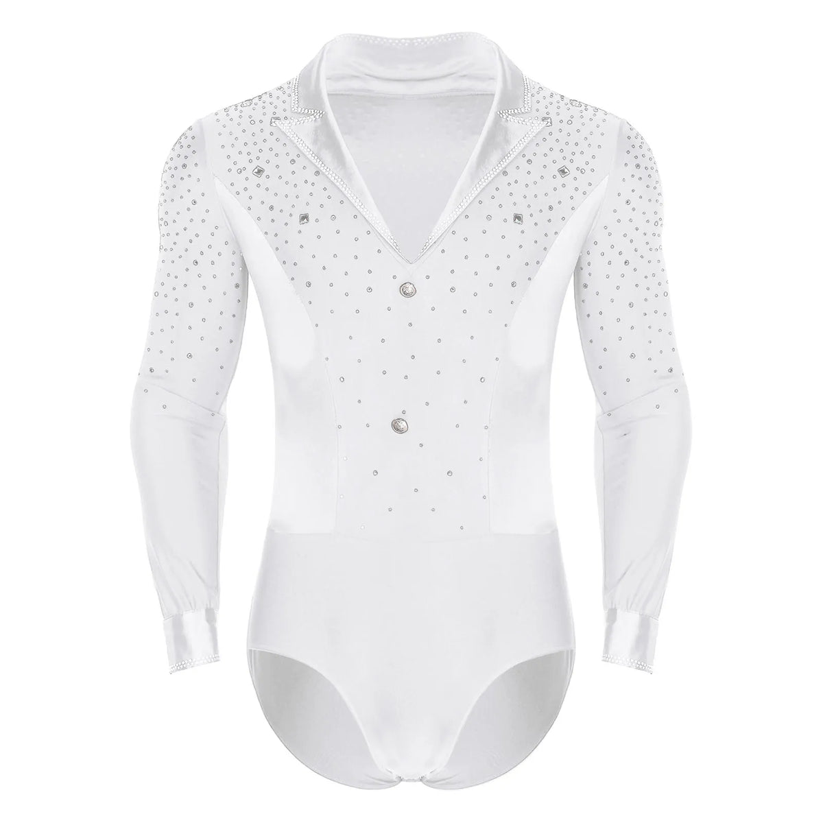 Men's Rhinestone Dance Leotard | V-Neck Lapel & Long Sleeve | Snap Crotch
