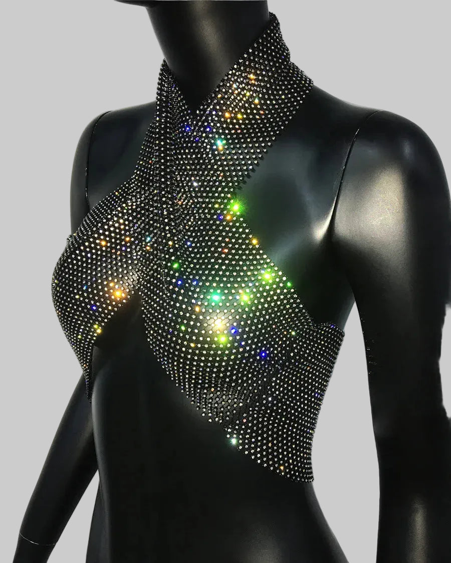 Diamond Fishnet Halter Top - Rhinestone Backless Performance Cami