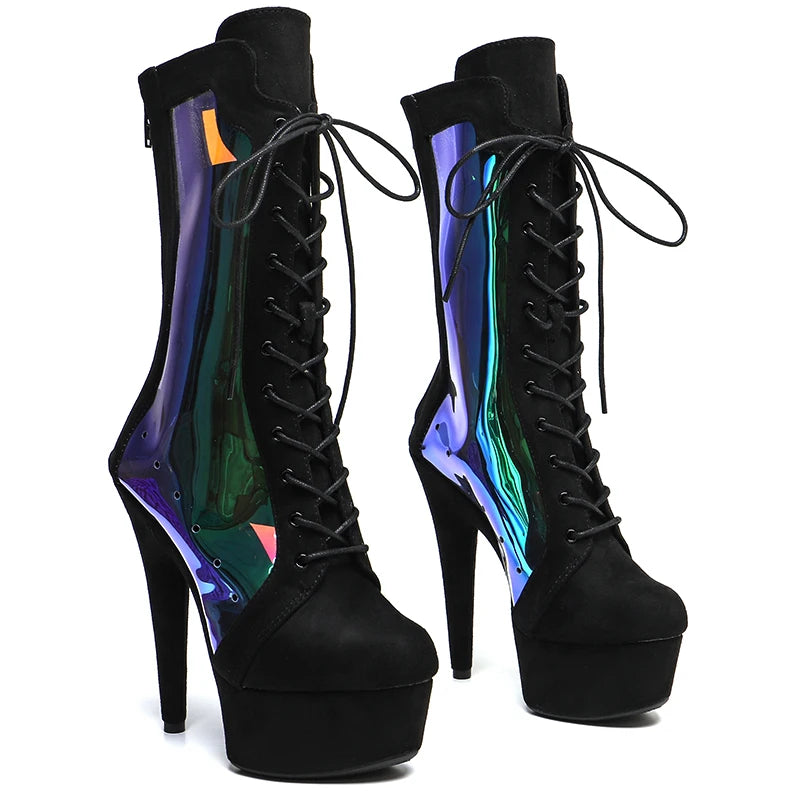 15cm Holographic Ankle Boots - Suede Platform Dance Booties