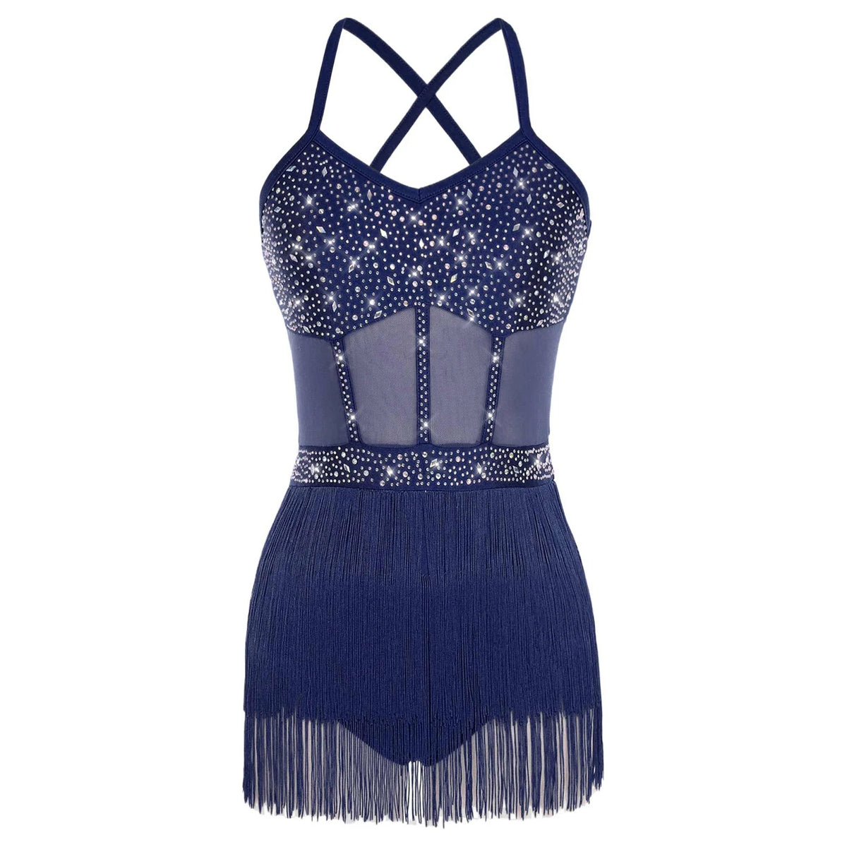 Women's Rhinestone Fringe Latin Dance Dress | Sheer Mesh & Tiered Tassel Skirt | Includes Arm Gloves
