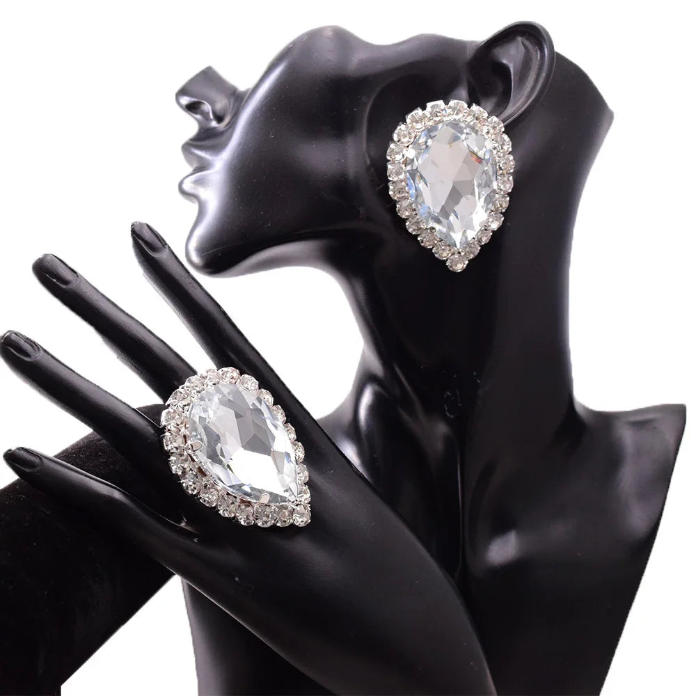 Crystal Teardrop Earring & Ring Set | Rhinestone Halo