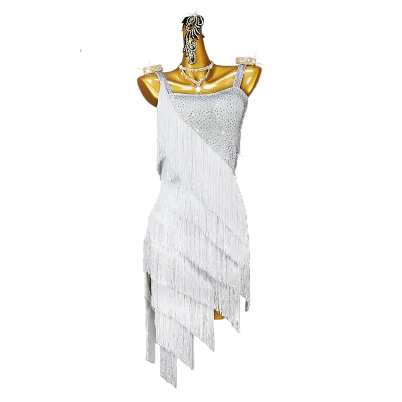 Crystal Tassel Latin Dance Dress with Accessories Set — White