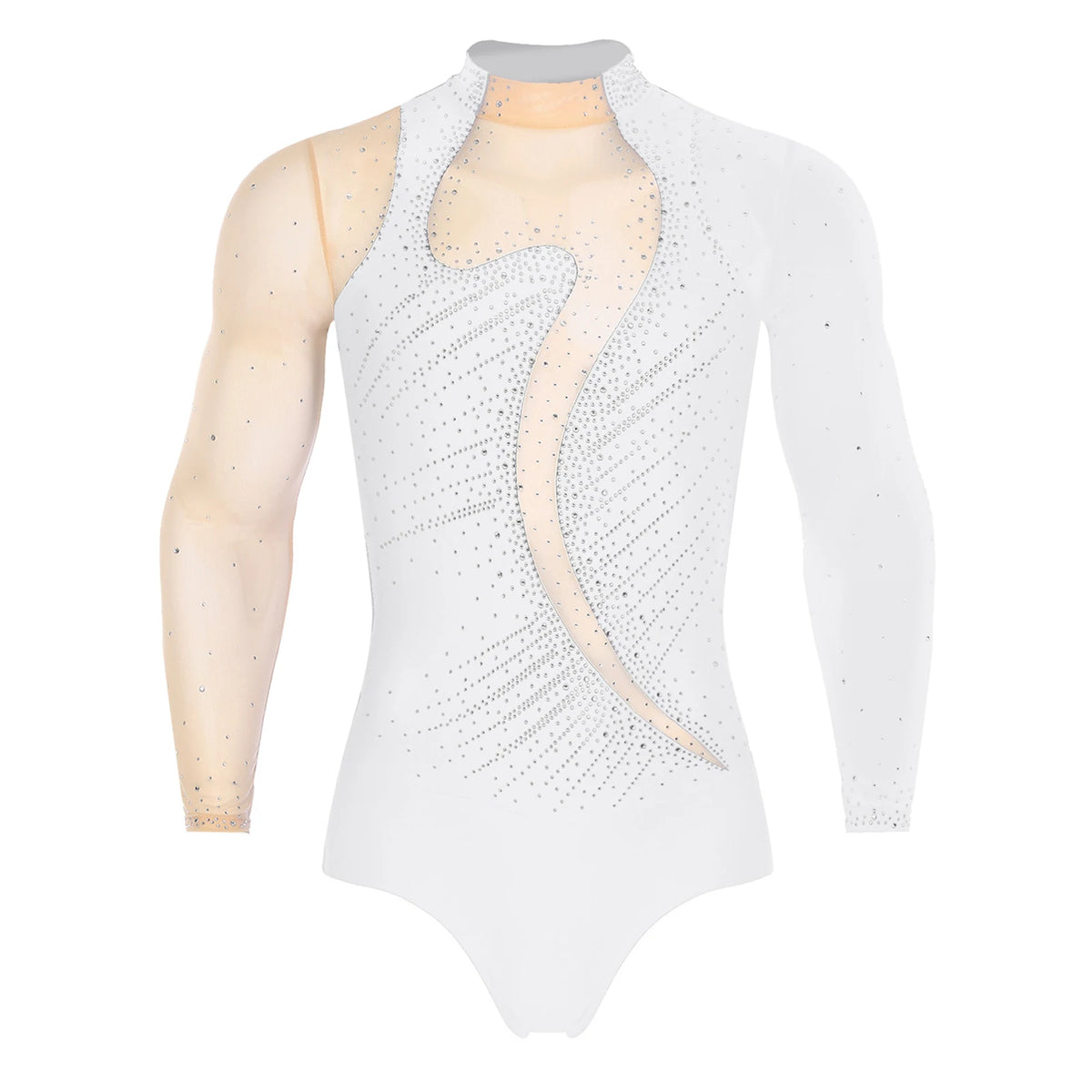 Men's Rhinestone Dance Leotard | V-Neck Lapel & Long Sleeve | Snap Crotch