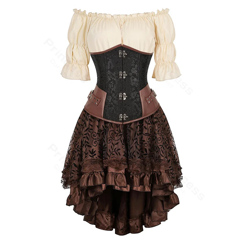 Steampunk Corset Dress Set | Off-Shoulder Blouse & Skirt | S-XXL
