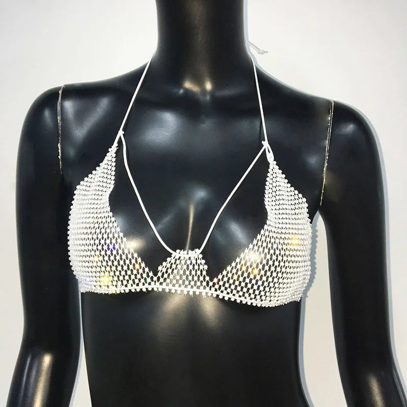 Fishnet Mesh Bikini Top - Backless Deep V-Neck Crop Top