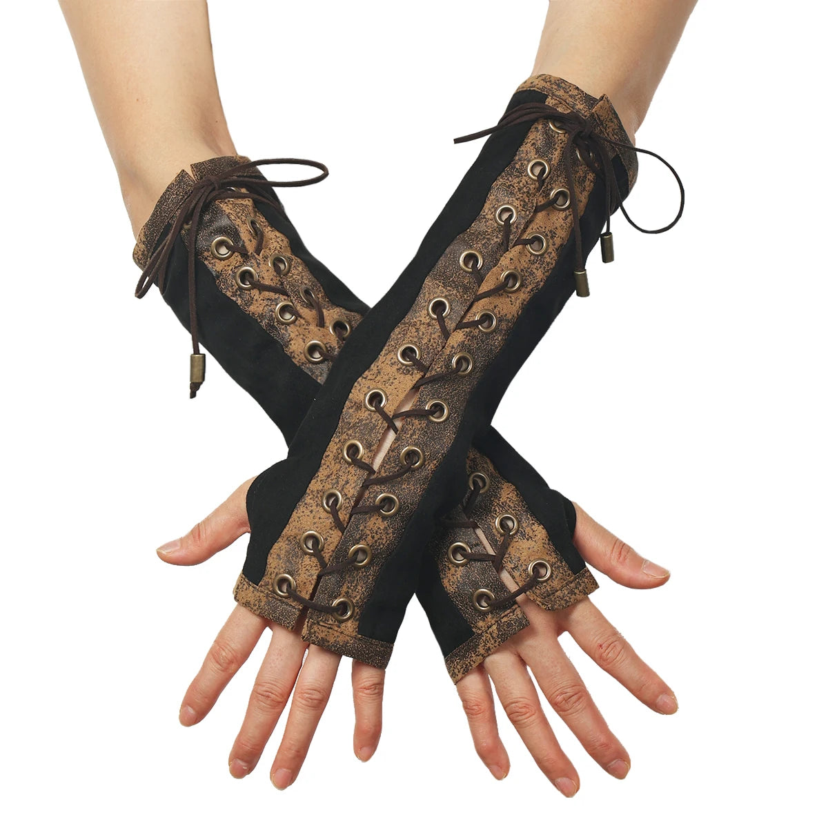Steampunk Arm Warmers | Lace-Up Fingerless | Elbow Length