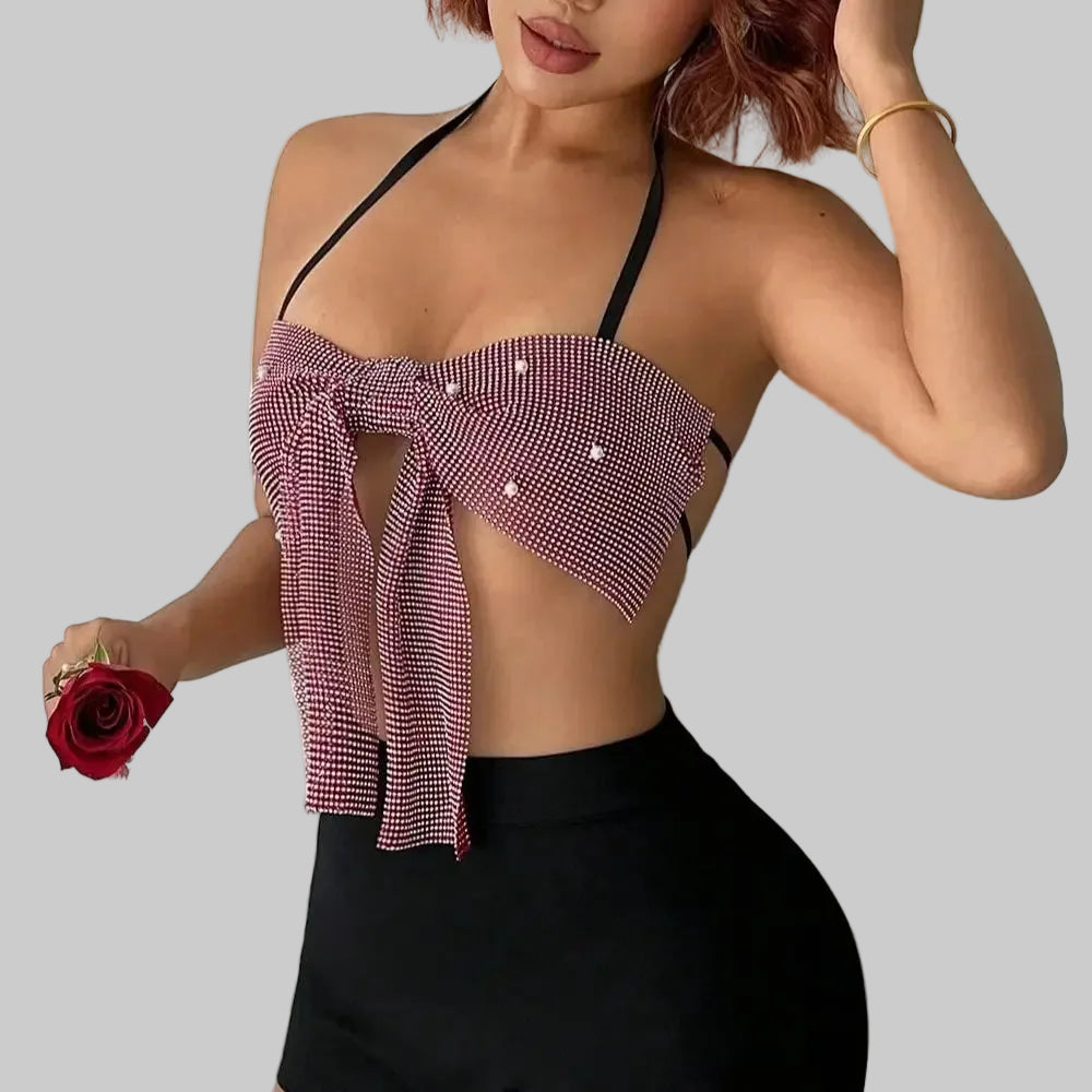 Rhinestone Sequin Bandage Halter Crop Top - Backless Party Tank